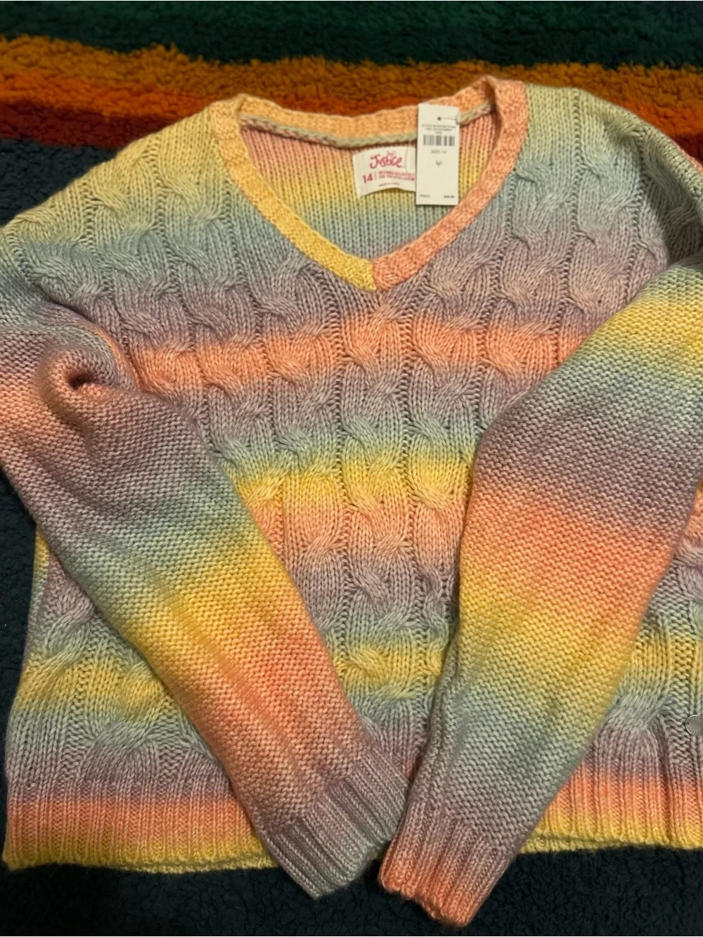 Justice Girls' Pastel Rainbow V-Neck Cable Knit Sweater - Size 14
